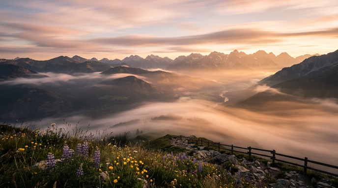 fog rolling over a mountain valley at dawn