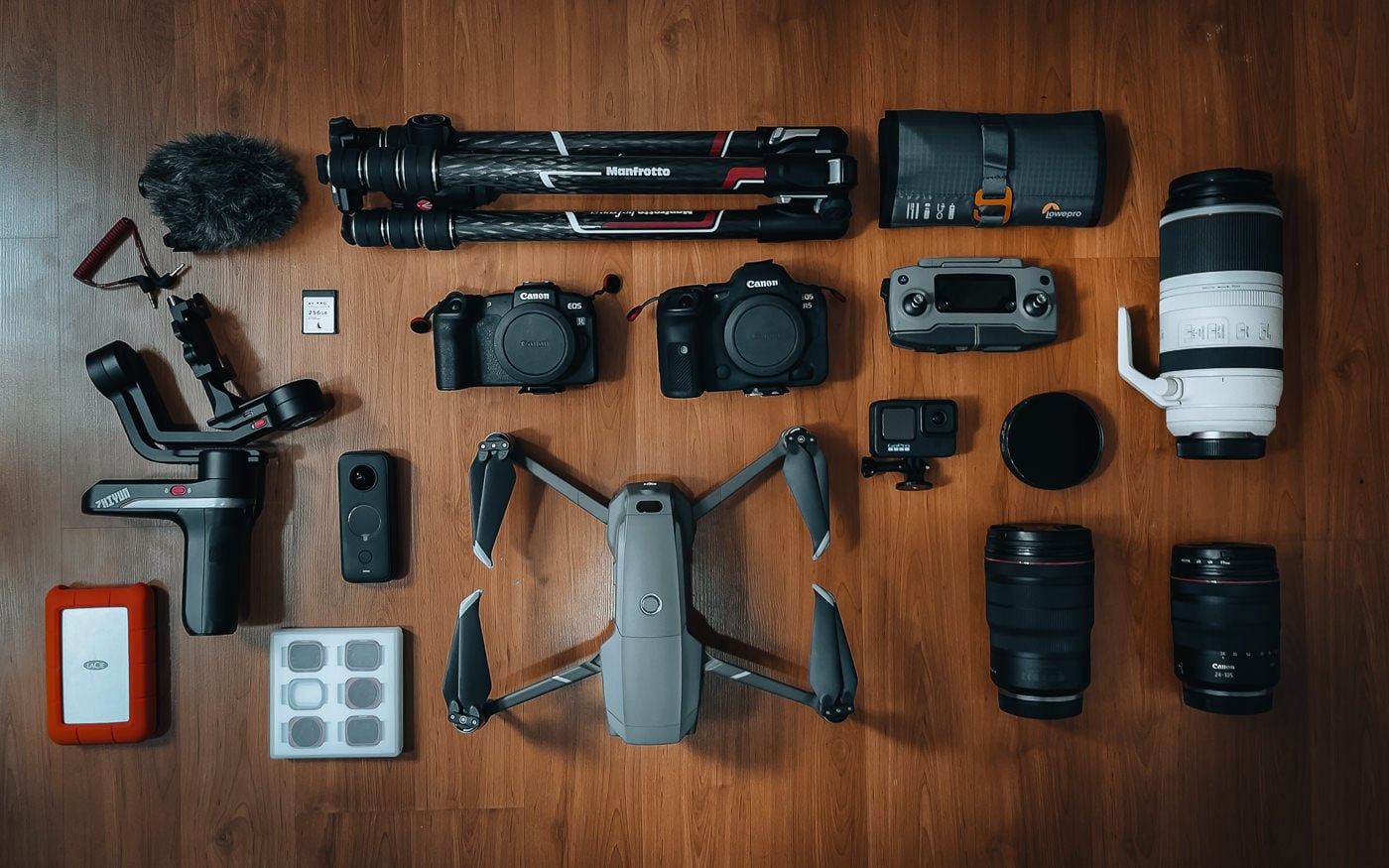 Camera bodies, lenses, and accessories laid out for a trip