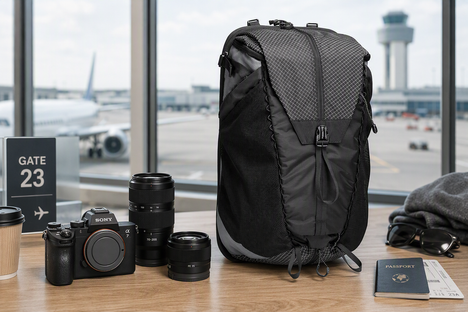 camera bag packed with lenses and filters